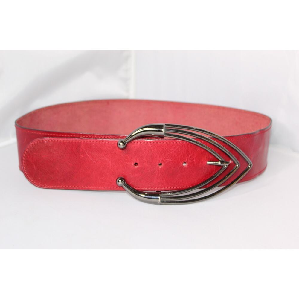 Vintage El Corte Inglés Red  Leather Belt Size 150 75/30 Silver Buckle Wide